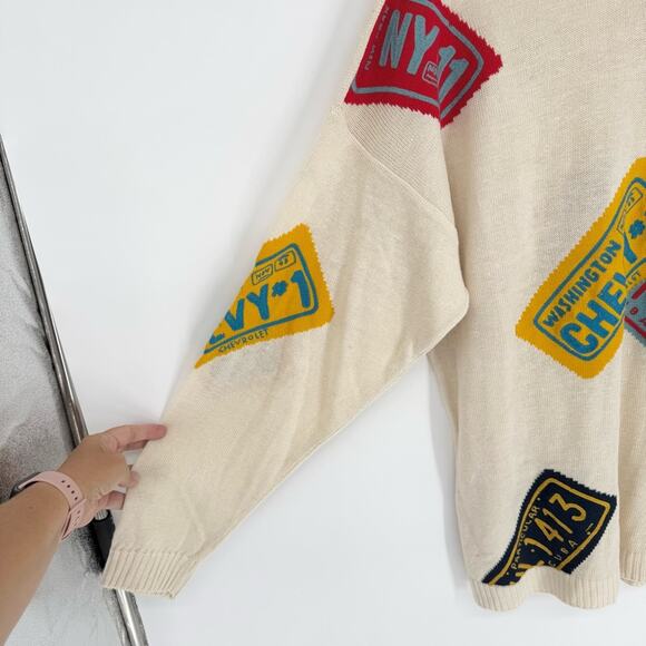 Les Copains Vintage Chevy Liscence Plate Knit Crew Neck Sweater Cream Size 50 - Picture 4 of 11